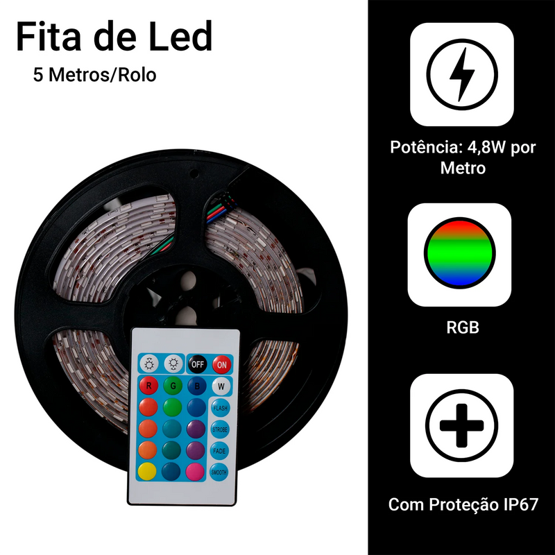 5050 Rgb Led Tape Roll 5m Ip65 + Control + Source 12v Bivolt